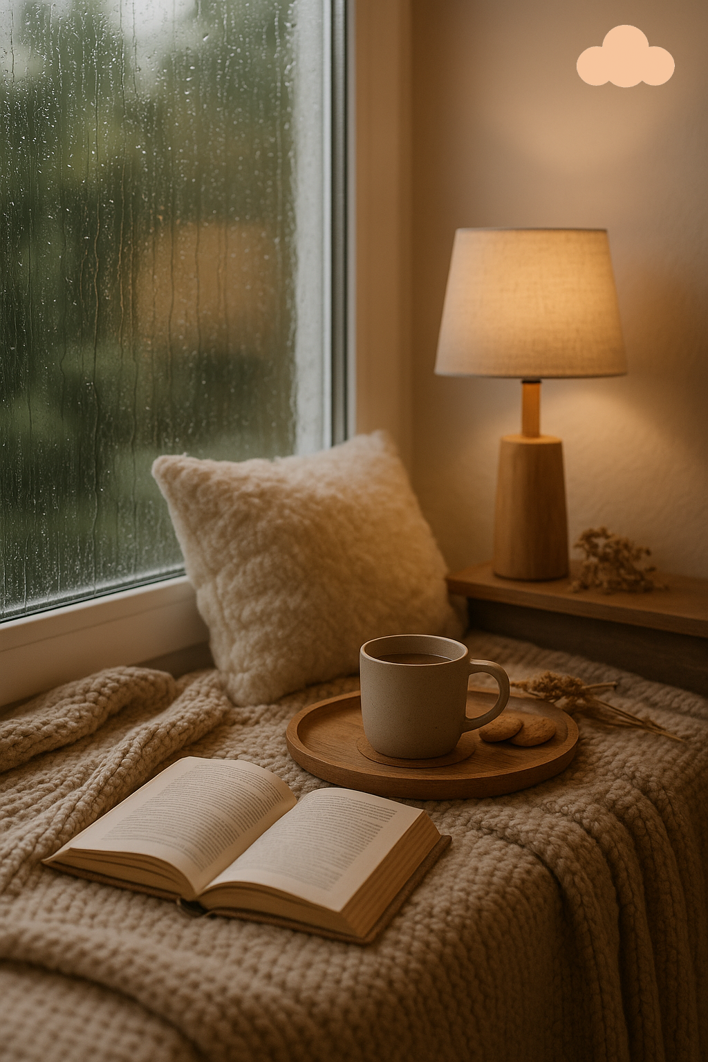 A cozy reading nook by a rain-covered window, featuring a beige knit blanket, a fluffy cushion, a warm mug on a wooden tray with cookies, an open book, and soft ambient lighting—perfect for a snuggle-ready space on a rainy day.