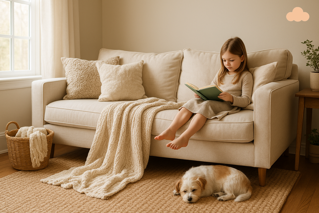 Cozy family living room styled by All Things Cozy, featuring soft beige blankets, plush cushions, a child reading on a sofa, and a small dog resting for a calming home atmosphere