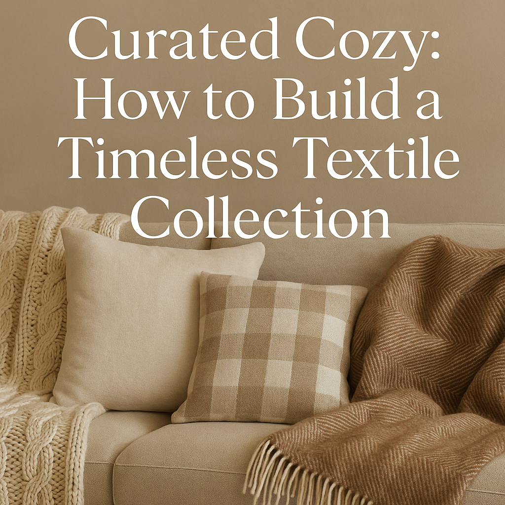 Timeless textile collection by All Things Cozy featuring a neutral beige sofa styled with a chunky knit throw, linen pillow, plaid cushion, and herringbone blanket.