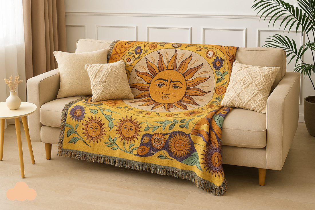 Boho sun motif throw blanket styled on a beige sofa with cozy pillows in a warm living room - All Things Cozy