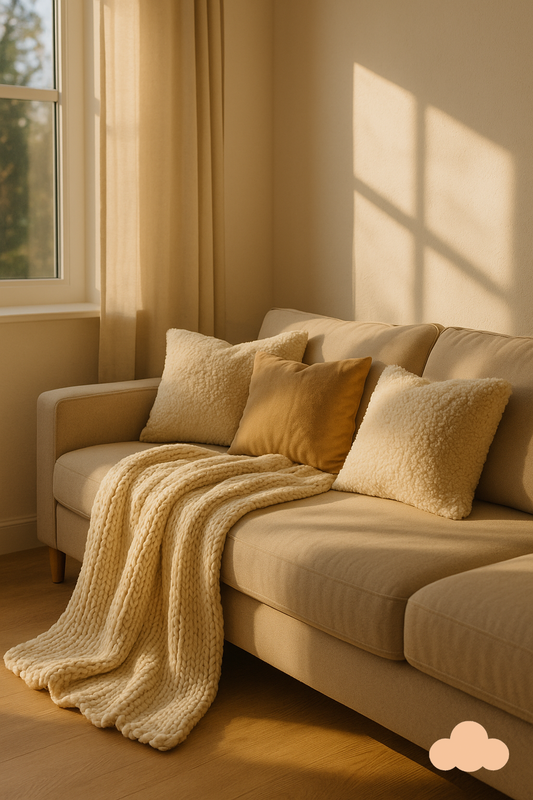 Cozy living room with soft knit blanket and plush cushions on sofa, creating a calming atmosphere for emotional well-being – All Things Cozy