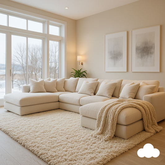 Spacious beige living room with large windows, plush sectional sofa, textured throw blanket, and shag rug, styled for affordable luxury by All Things Cozy