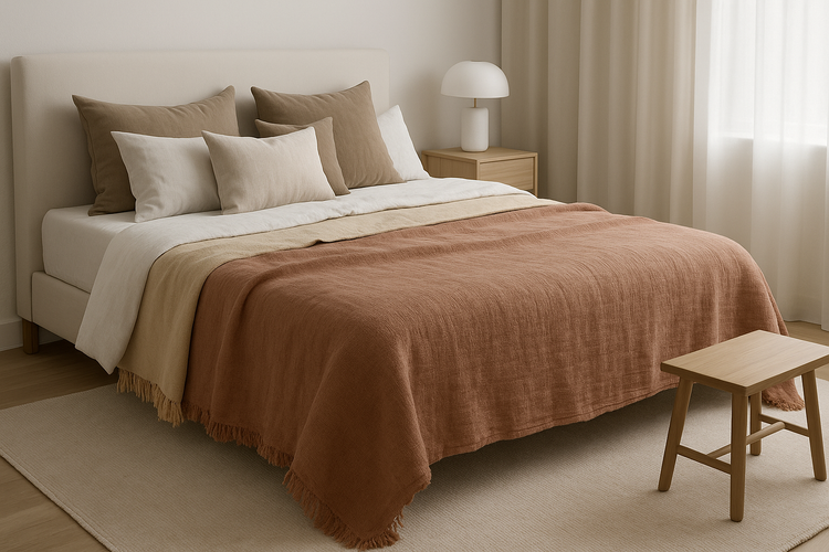 A minimalist bedroom with a king-size bed layered in cream and terracotta oversized throw blankets, styled with neutral pillows and soft natural light — part of the All Things Cozy oversized throw collection.