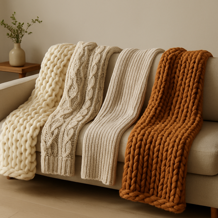 All Things Cozy chunky and knit blankets in cream, beige, and burnt orange draped over a sofa