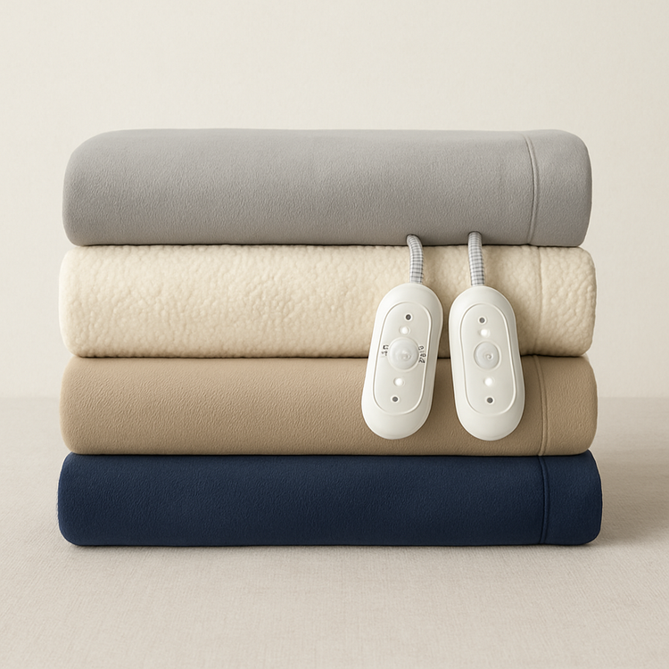 Stacked All Things Cozy electric blankets in gray, cream, beige, and navy with dual white heat controllers on a neutral background.