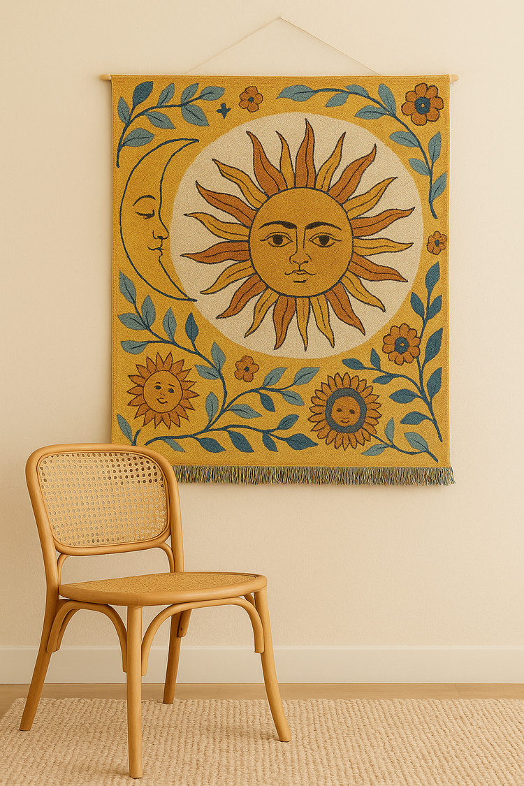 All Things Cozy fabric wall hanging tapestry with sun and moon design, styled on a beige wall above a rattan chair and woven rug for a warm boho interior look.
