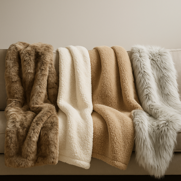 All Things Cozy faux fur and sherpa blankets in taupe, cream, beige, and gray draped over a sofa