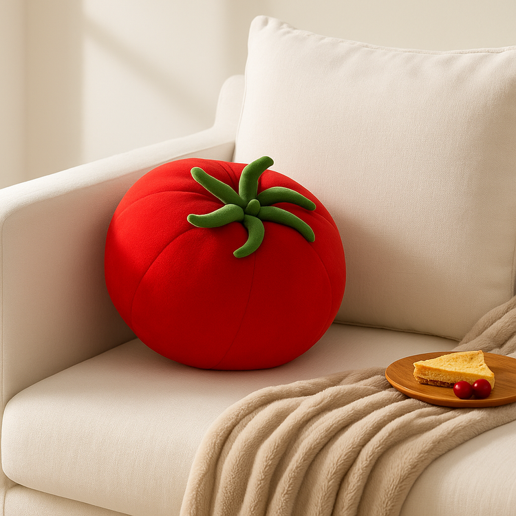All Things Cozy tomato-shaped plush pillow on a white linen sofa with a beige throw, styled in a sunlit cozy living room.
