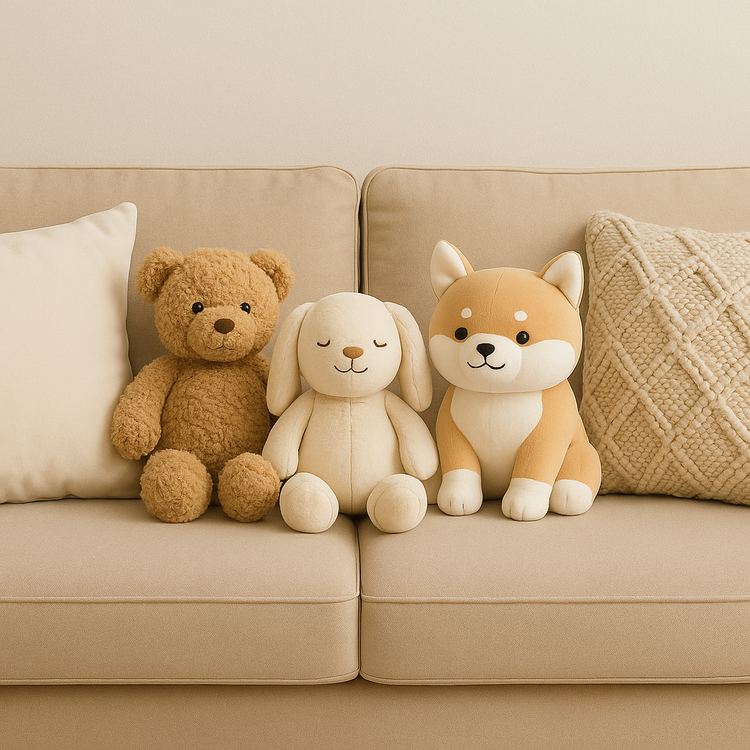 All Things Cozy plushies collection featuring a teddy bear, rabbit, and Shiba Inu plush toy arranged on a beige sofa with cozy pillows.