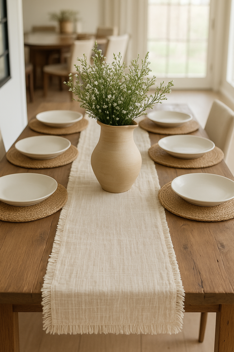 All Things Cozy natural linen table runner with woven placemats, ceramic plates, and a clay vase centerpiece on a wooden dining table in a bright dining room.