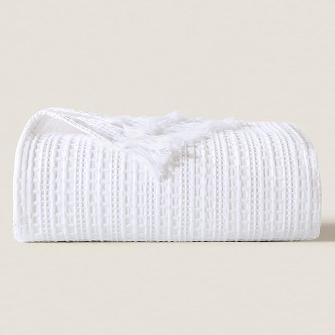 100% Cotton Waffle Blanket with Fringe, Pre-Washed Waffle Weave Blanket for All Season, Lightweight Breathable Soft Cozy Throw Blanket for Couch, Bed, Travel (White - 50x60 Inches)