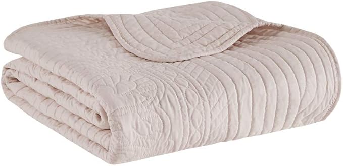 Madison Park Cotton Filled Spread, Ultra Soft, Cozy Living Room Couch, Sofa, Bed Luxe Quilted Throw Blanket-Damask Stitching Design, 60x72, Scalloped Edges Blush