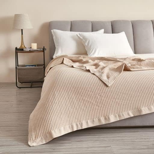 100% Cotton Blanket for Full Queen Size Bed - Taupe Waffle Weave Lightweight Summer Bed Blanket - 90x90in Prewashed Breathable, Woven, Layering Blanket (Full/Queen, Taupe)