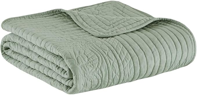 Madison Park Cotton Filled Spread, Ultra Soft, Cozy Living Room Couch, Sofa, Bed Luxe Quilted Throw Blanket-Damask Stitching Design, 60x72, Scalloped Edges Seafoam