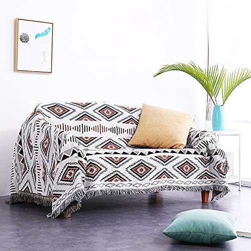 Luxlovery Beige Bohemian Sofa Throw Blankets Ethnic Woven Boho Geometric White and Khaki Throw Blanket for Couch Aztec Bed Throws Oversized Chair Sofa Cover with Tassels(63"x102")