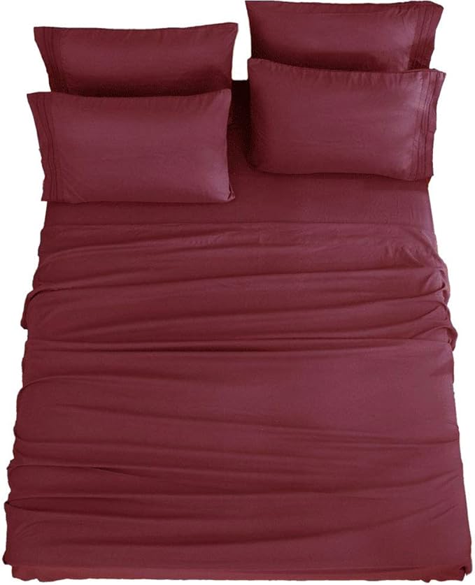 SONORO KATE Bed Sheet Set Super Soft Microfiber 1800 Thread Count Luxury Egyptian Sheets 18-Inch Deep Pocket,Wrinkle and Hypoallergenic-6 Piece (Burgundy, Twin XL-6 Piece)