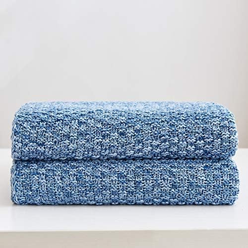 Longhui bedding Blue Knitted Throw Blanket for Couch, Soft, Cozy Machine Washable 100% Cotton Sofa Knit Blankets, 60 x 80 Inches Oversized, Blue and White Color, Laundry Bag Included