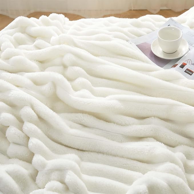 2Pcs 50"x60" Fleece Throw Blanket for Couch-350GSM Soft Cream White, Striped and Gift - Ready for Women and Men,Lightweight, Breathable and Warm, it can be Used All Year Round.