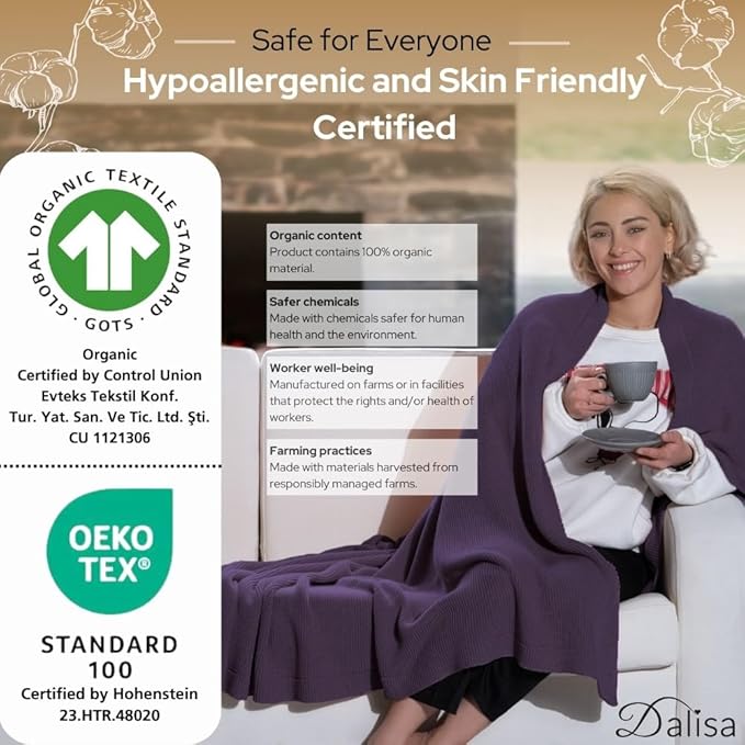 100% Organic Turkish Cotton Throw Blanket - GOTS Certified, Cozy - Perfect for Couch, Bed, and Home Decor - Boho Vintage Knit Alina (Sweet Grape, 60x80)