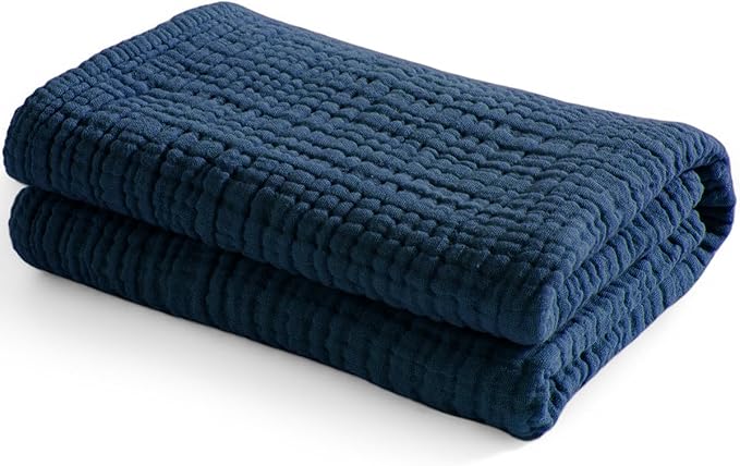 Carriediosa 100% Cotton Muslin Throw Blanket 108" X 90" King Size,4-Layers Summer Gauze Throws for Bed Couch,Soft Lightweight Breathable Linen Blankets Bedspread for Adults All Season,Navy Blue