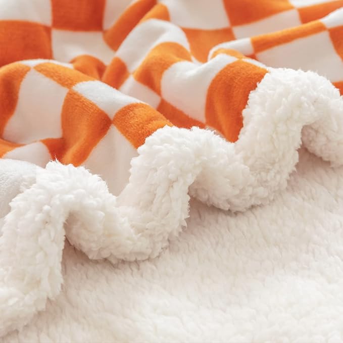 LOMAO Sherpa Throw Blanket Fleece Blanket with Checkered Pattern Soft Thick Blanket for Couch, Bed, Sofa Luxurious Warm and Cozy for All Seasons (Orange, 60"x80")