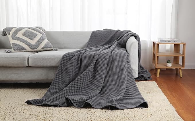 100% Cotton Waffle Blanket (Charcoal - Twin Size - 66 * 90''), Pre-Washed and Anti-Shrinkage Soft Lightweight Bed & Couch Blanket, 380 GSM Waffle Weave Throw Blanket for All Seasons