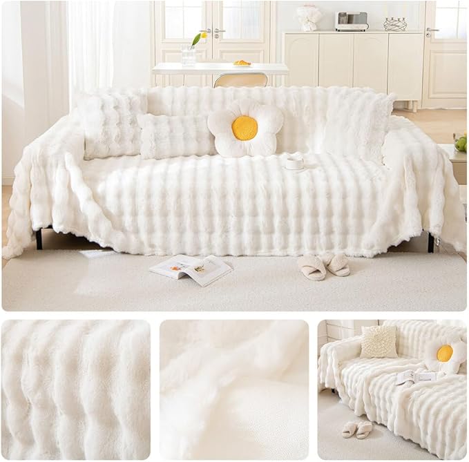 AMWAN Cozy Faux Fur Couch Cover Large Fuzzy Blanket for Sofabed,Loveseat Thick Cozy Shaggy Sofa Slipcover for Sectional,L Shaped Sofa Pets Multifunctional Throws Living Room Decor,Cloud White,71x134’’
