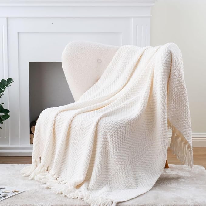 BATTILO HOME Cream White Throw Blanket for Couch, Ivory Throw Blanket for Bed, Warm Decorative White Blanket Throw for Home Decor, 50" x 60"