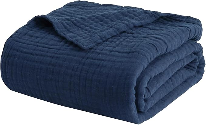 EMME Muslin Blanket 100% Cotton Throw Blankets for Couch Breathable Gauze Blanket All Season Soft and Lightweight Pre-Washed Cotton Blanket (Navy, 50"x70")