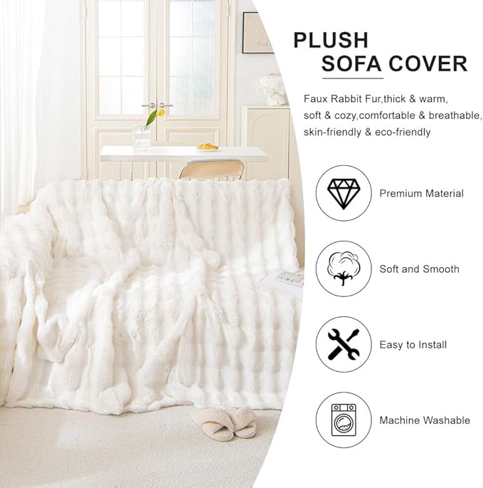 AMWAN Cozy Faux Fur Couch Cover Large Fuzzy Blanket for Sofabed,Loveseat Thick Cozy Shaggy Sofa Slipcover for Sectional,L Shaped Sofa Pets Multifunctional Throws Living Room Decor,Cloud White,71x134’’