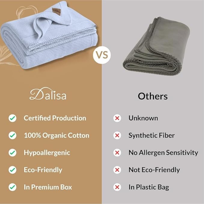 100% Organic Turkish Cotton Throw Blanket - GOTS Certified, Cozy - Perfect for Couch, Bed, and Home Decor - Boho Vintage Knit Alina (Baby Blue, 50x60)