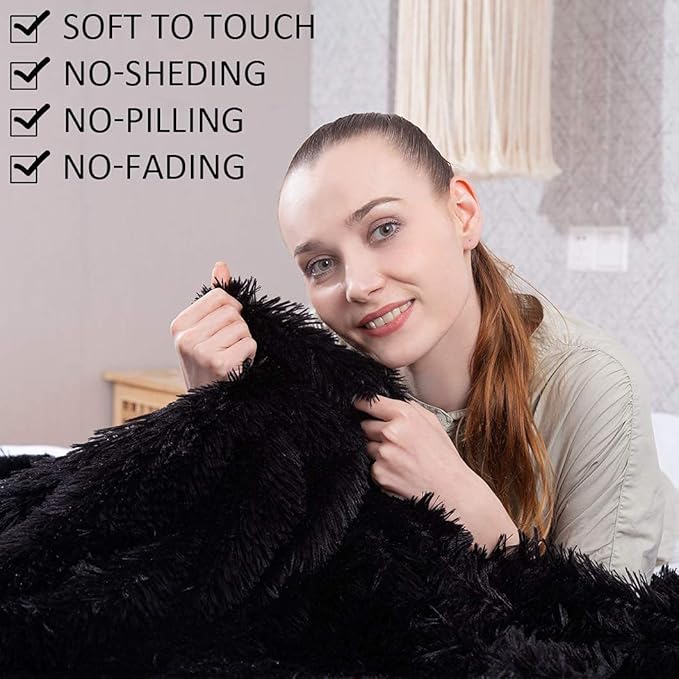 YUSOKI Twin Size Faux Fur Throw Blanket(Black,60" x 80"),Whithout Pillows,Winter Lightweight Plush Fuzzy Soft Cozy Microfiber Comfy Bed Blanket for Women Kids Girls Couch Sofa Washable