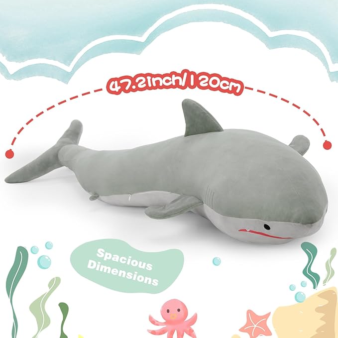 48" Giant Shark Stuffed Animal, Large Squishy Shark Plush Pillow, Long Life Size Ocean Plushies Toy Gifts for Kids Girls Boys