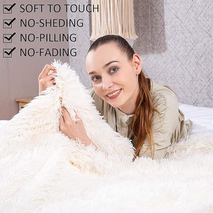 YUSOKI Twin Size Faux Fur Throw Blanket(Cream White,60" x 80"),Whithout Pillows,Winter Lightweight Plush Fuzzy Soft Cozy Microfiber Comfy Bed Blanket for Women Kids Girls Couch Sofa Washable