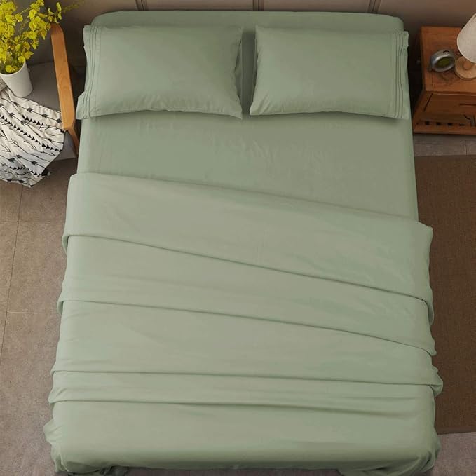 SONORO KATE Bed Sheet Set Super Soft Microfiber 1800 Thread Count Luxury Egyptian Sheets 16-Inch Deep Pocket,Wrinkle and Hypoallergenic-4 Piece (Sage, King)