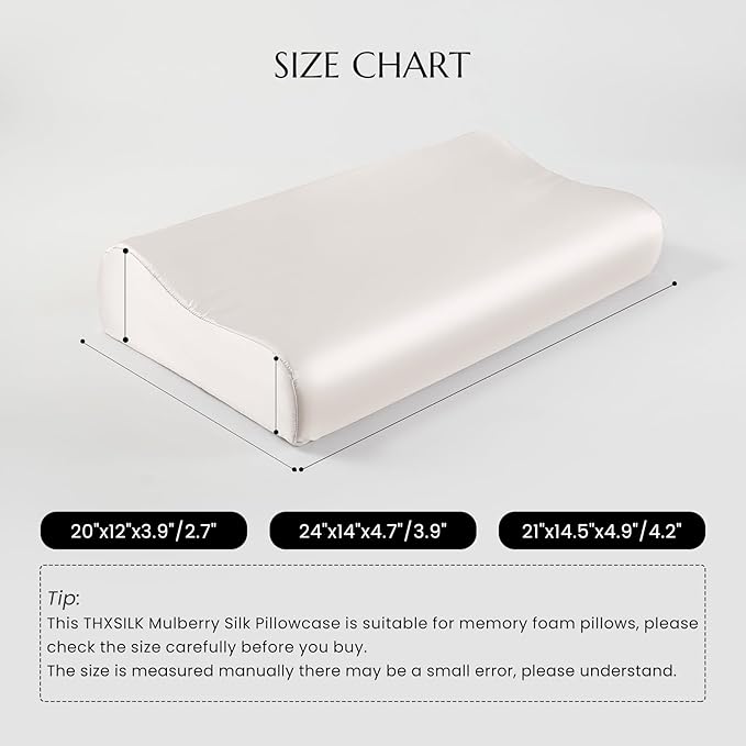 THXSILK 2 Pack 19 Momme 100% Mulberry Silk Pillowcase for Contour Memory Foam Pillow, Contour Pillow Case Cover, Cervical Pillow Case, Pack of 1(White, 20"x12"x3.9"/2.7")