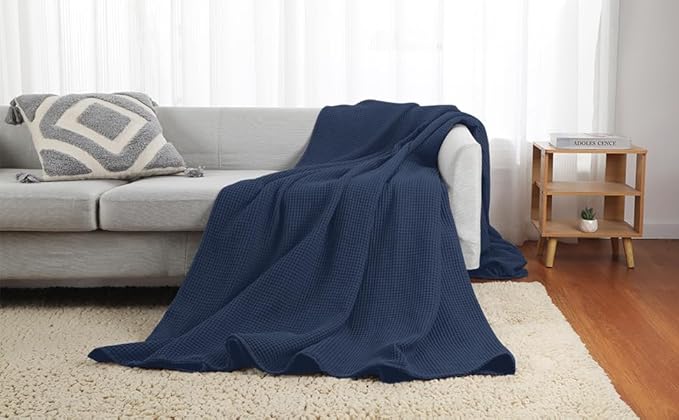 100% Cotton Waffle Blanket, Pre-Washed and Anti-Shrinkage Soft Lightweight Bed & Couch Blanket, 380 GSM Waffle Weave Throw Blanket for All Seasons(Navy Blue - Twin Size - 66" * 90")