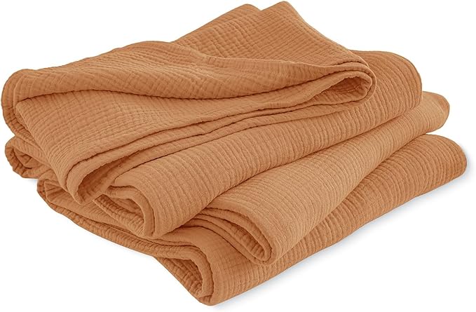 PHF 100% Cotton Muslin Throw Blanket 50" x 60", 4-Layer Lightweight and Breathable Blanket for Summer, Luxuriously Soft Gauze Throws for Couch, Natural Minimalism Style, Ideal Gift, Caramel