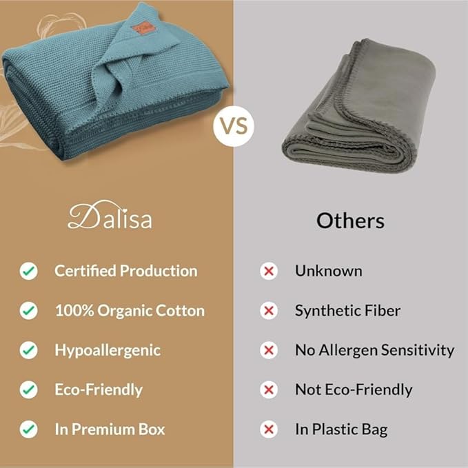 100% Organic Turkish Cotton Throw Blanket - GOTS Certified, Cozy - Perfect for Couch, Bed, and Home Decor - Boho Vintage Knit Alina (Smoke Blue, 60x80)