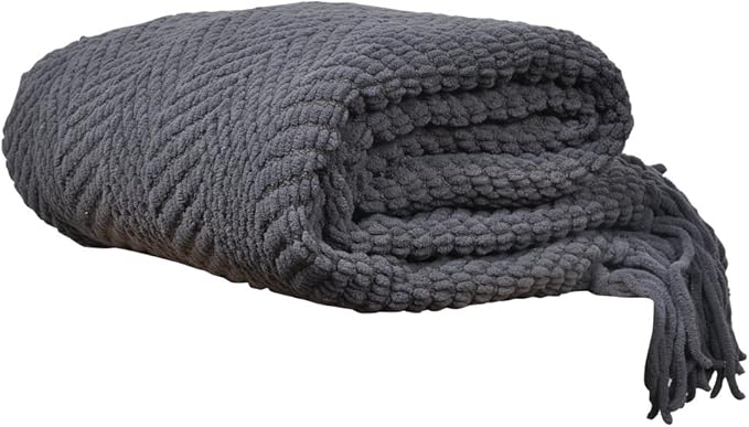 BATTILO Home Dark Grey Throw Blanket for Couch, Knit Charcoal Throw Blanket Versatile for Chair, 50 x 60 Inch - Super Soft Warm Grey Blanket with Tassels for Bed, Sofa and Living Room