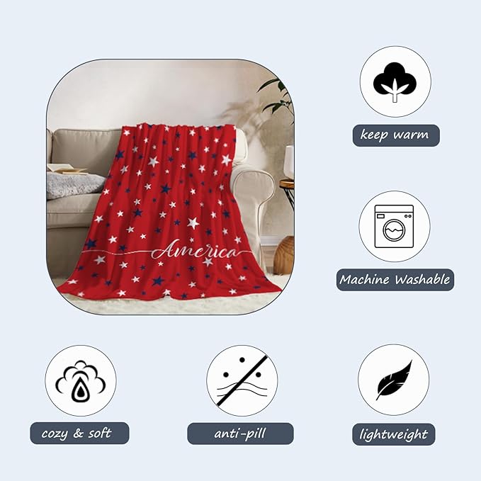 Neatee Living Patriotic Throw Blanket 4th of July Memorial Day Fourth of July American Freedom Veteran Day Blanket Couch Bed Red White Blue Stars Soft Fleece Blanket Home Decorations 50x60