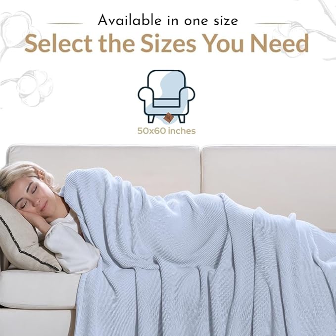 100% Organic Turkish Cotton Throw Blanket - GOTS Certified, Cozy - Perfect for Couch, Bed, and Home Decor - Boho Vintage Knit Alina (Baby Blue, 50x60)