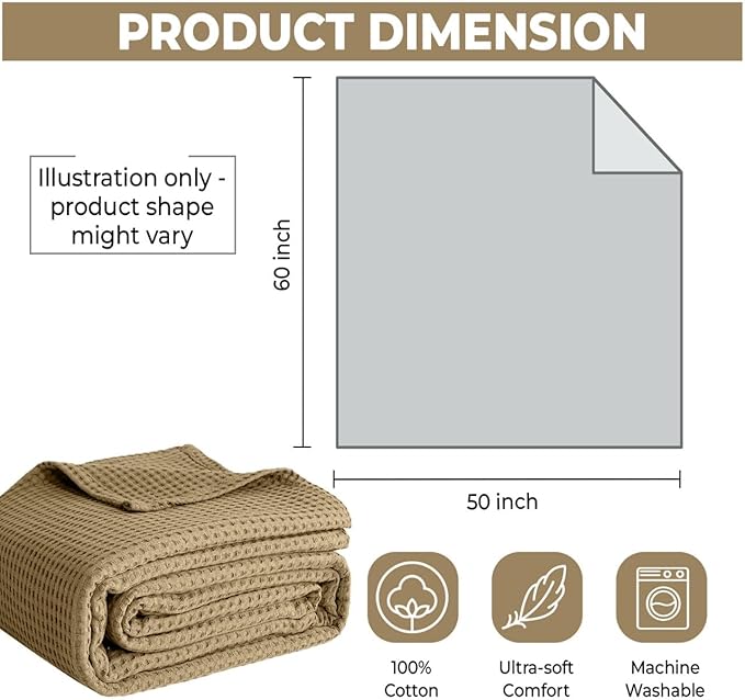 100% Cotton Blankets Throw Size for Bed - Waffle Weave Blankets for Summer, Lightweight and Breathable Soft Woven Blanket for Spring (Beige, Throw (50" x 60")