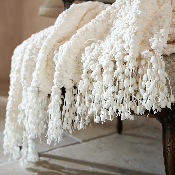 Amélie Home Knit Throw Blanket with Tassels for Couch, Luxury Boho Throw Blanket for Summer Ivory, 60"x80"