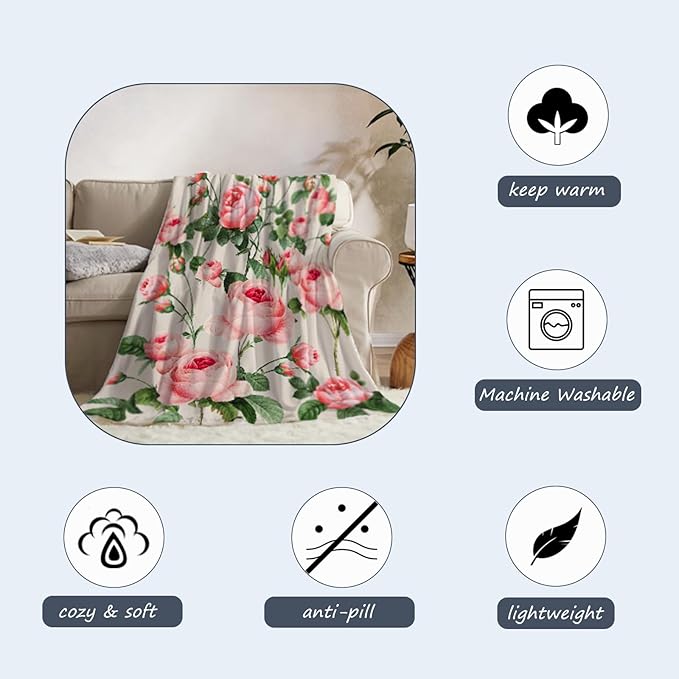 Neatee Living Rose Large Throw Blanket Spring Summer Floral Blanket Throw Blanket for Couch Sofa Bed Soft Cozy Fuzzy Plush Fleece Blankets Home Living Room Decorative Print Blanket 50x70