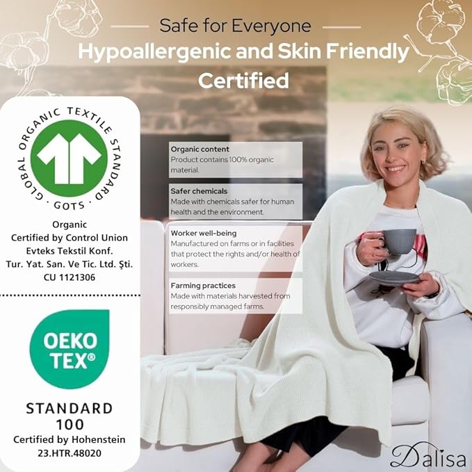 100% Organic Turkish Cotton Throw Blanket - GOTS Certified, Cozy - Perfect for Couch, Bed, and Home Decor - Boho Vintage Knit Alina (White, 80x90)