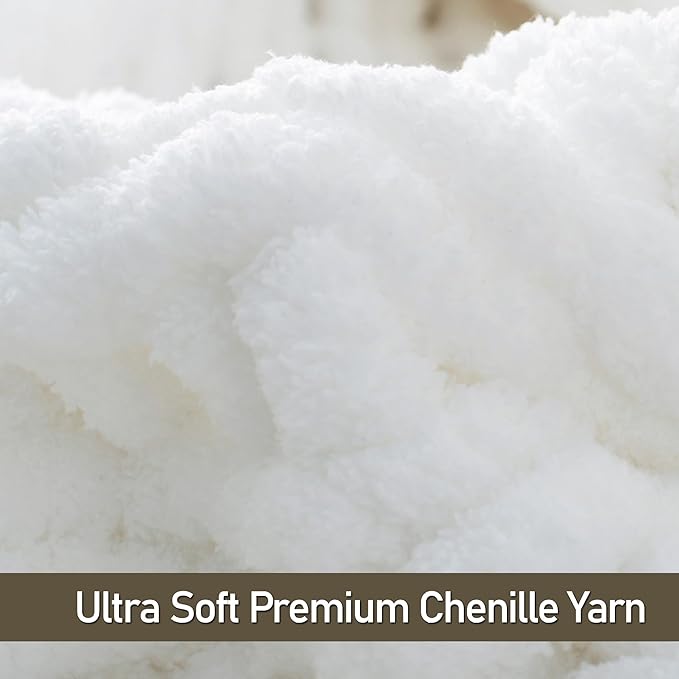 Chunky Knit Throw Blanket 50"X 60", 100% Handmade with Soft Chenille Yarn, 4.4lbs Thick Cable Knitted Blankets, Large Rope Knot Crochet Throws for Couch Sofa Bed Home Decor, Snow White