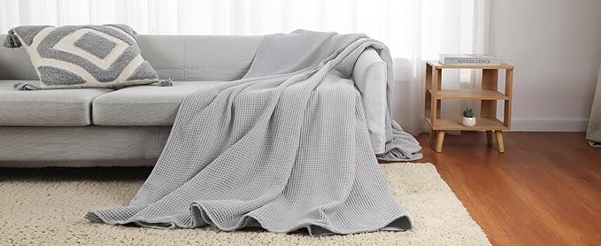 100% Cotton Waffle Blanket (Light Grey - King Size - 104 * 90''), Pre-Washed and Anti-Shrinkage Soft Lightweight Bed & Couch Blanket, 380 GSM Waffle Weave Throw Blanket for All Seasons