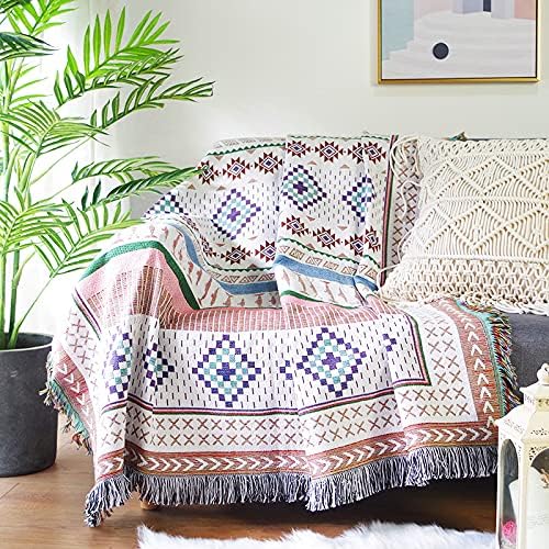 Luxlovery Beige and Purple Bohemian Sofa Throw Blankets Ethnic Woven Boho Geometric Multicolor Throw Blanket for Couch Aztec Bed Throws Oversized Chair Sofa Cover with Tassels(63"x86")
