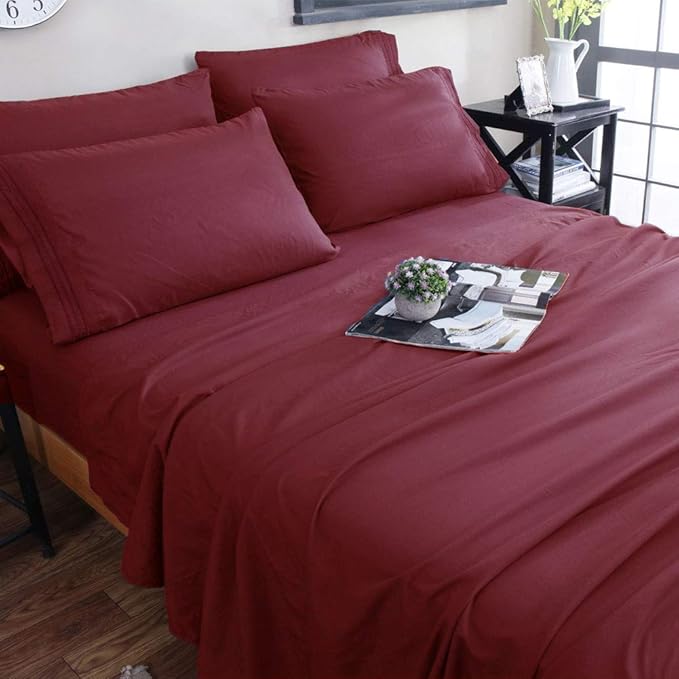 SONORO KATE Bed Sheet Set Super Soft Microfiber 1800 Thread Count Luxury Egyptian Sheets 18-Inch Deep Pocket,Wrinkle and Hypoallergenic-6 Piece (Burgundy, Twin XL-6 Piece)